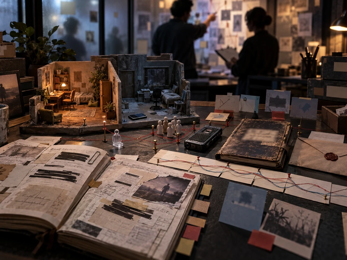 People examine a tabletop scene with a small room model, papers, photographs, and a tablet.