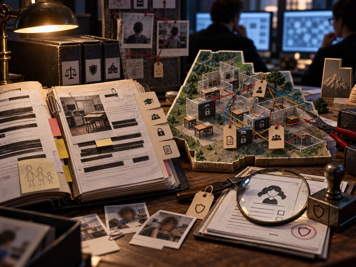 A privacy review table shows stacked documents, photographs, a magnifying glass, and miniature buildings.