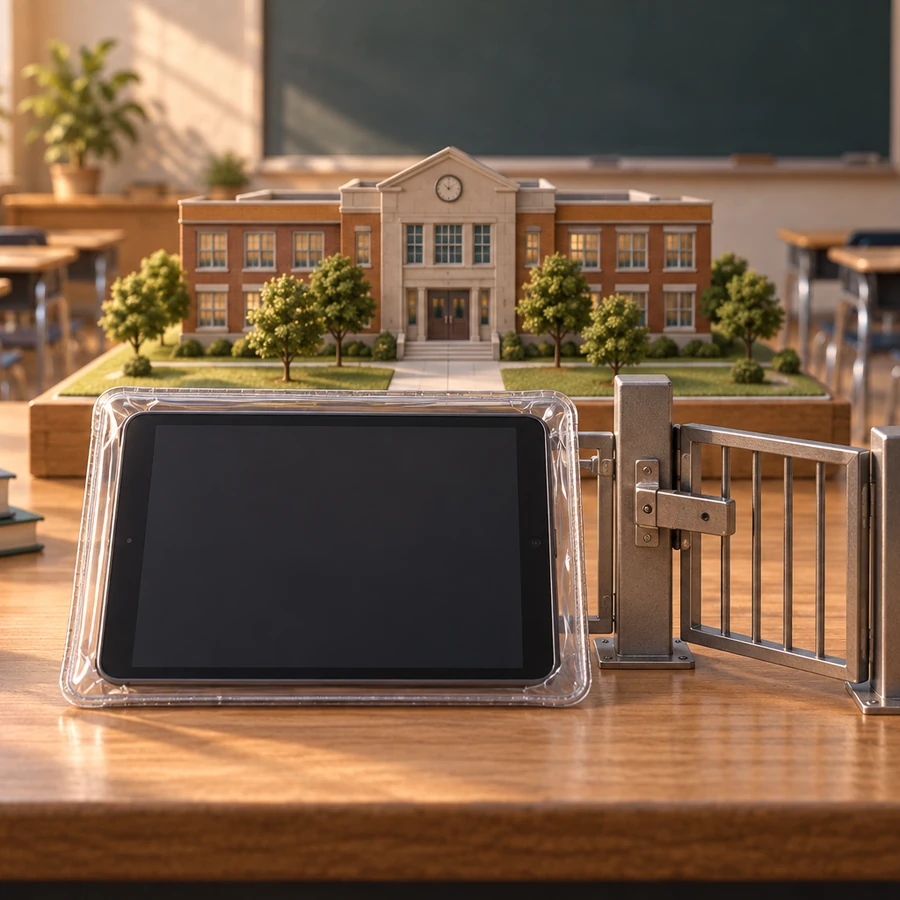 School materials surround a locked laptop beside classroom objects and a red prohibited symbol.