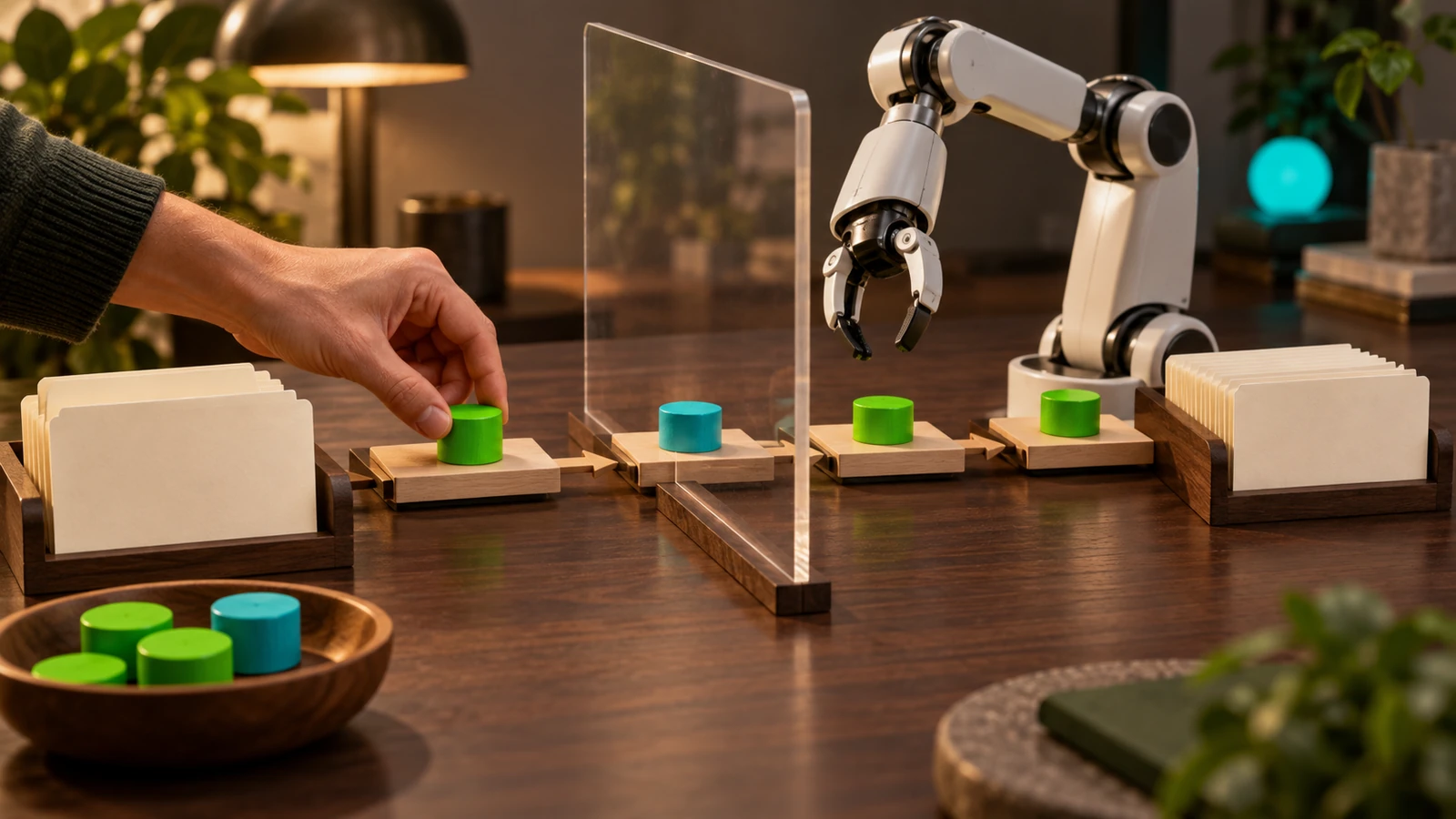 A tabletop workflow scene shows paper dossiers, small process markers, and people reviewing evidence.