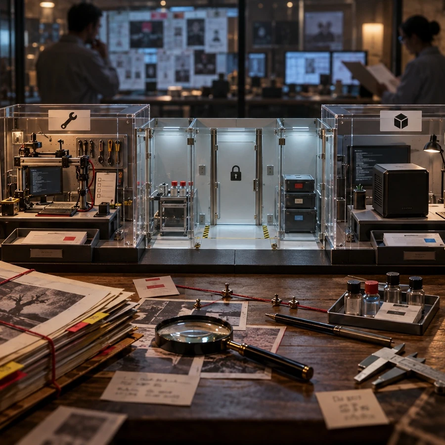 A transparent testing enclosure holds small model boxes, gauges, cables, and external monitoring equipment.