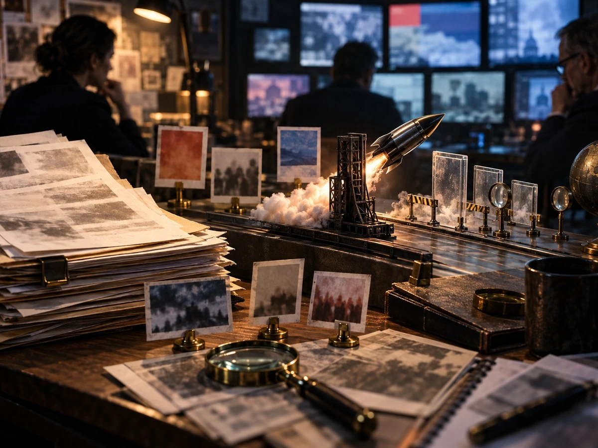 A crowded analyst desk shows printed reports, small models, and multiple monitors glowing in a dark room.
