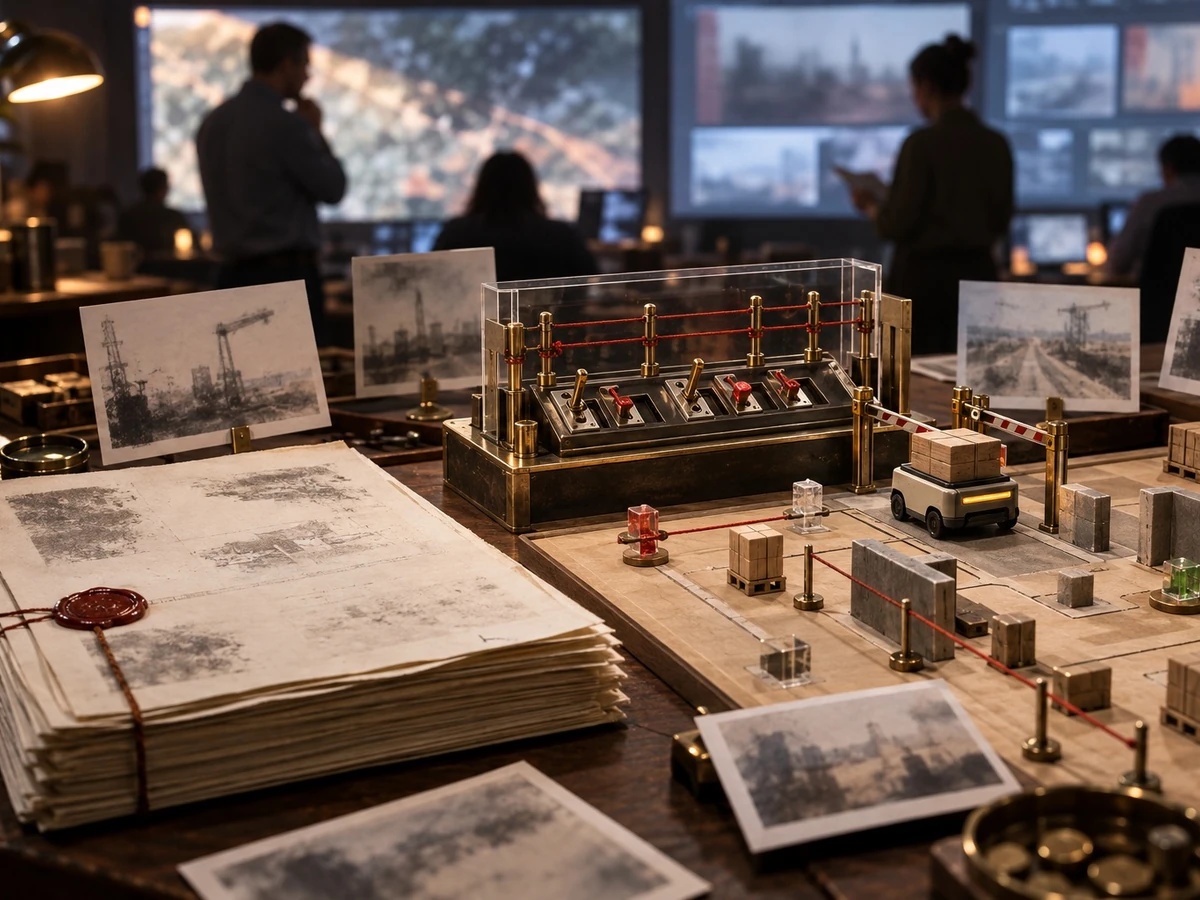 An oversight workbench shows open notebooks, miniature checkpoints, and analysts reviewing screens behind it.