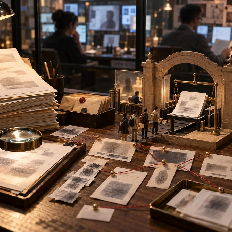 An admissions review desk shows stacked folders, evidence cards, and analysts working near computer screens.