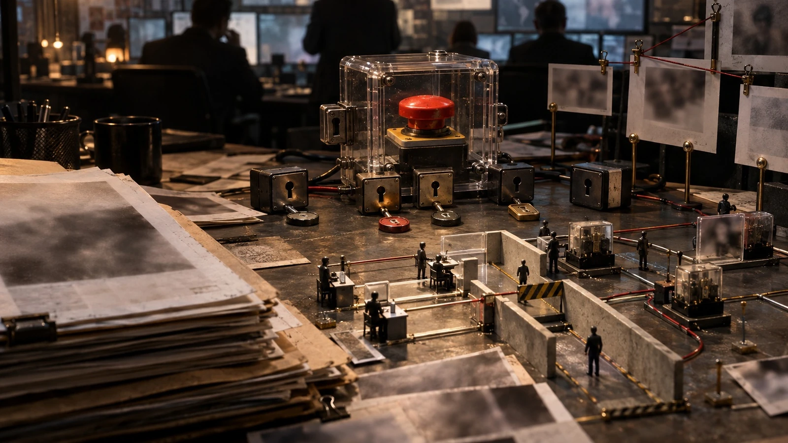 A dim operations table shows case files, circuit parts, and analysts watching screens in the background.