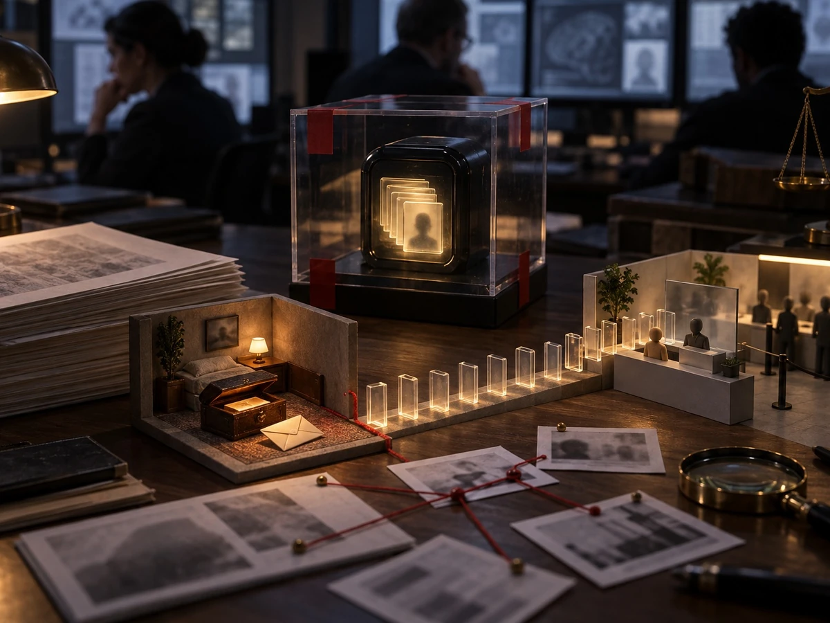 A glass case on a workbench sits among documents, devices, and analysts in a privacy review room.