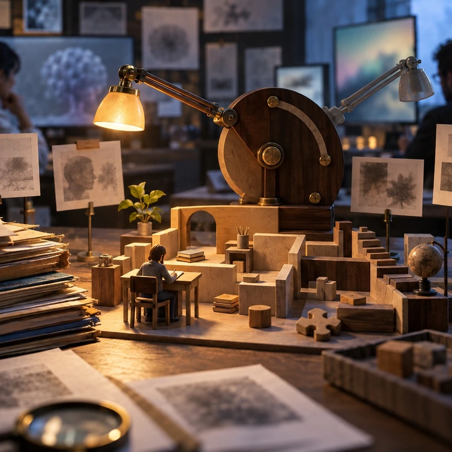 A warm study table holds lesson cards, small models, and display panels arranged for careful review.