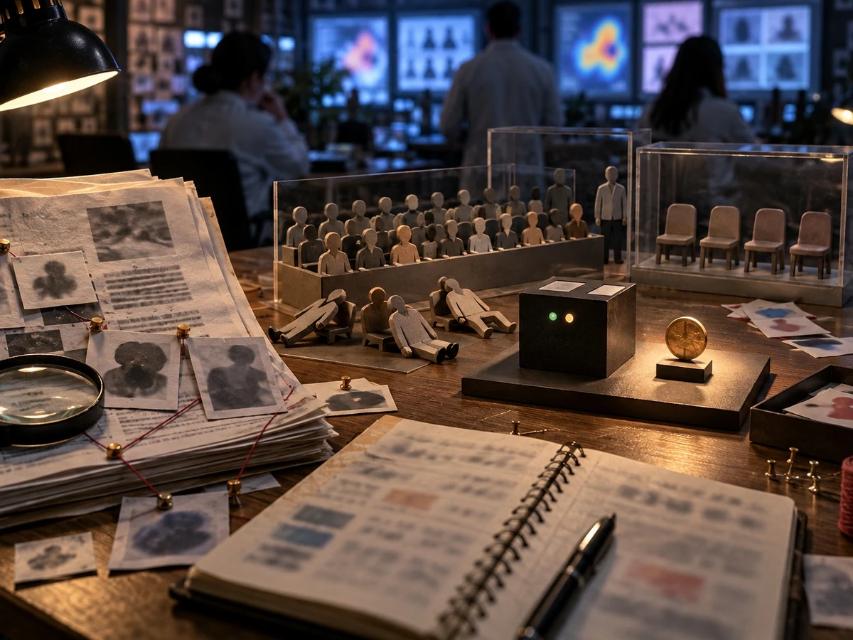 An editorial desk holds paper mockups and a small model audience before a wall of screens.