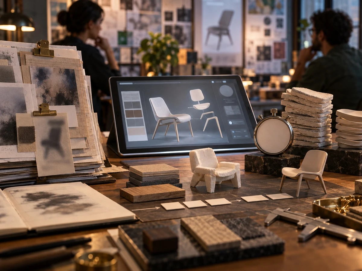 A designer compares chair prototypes on a tablet and small models at a worktable.