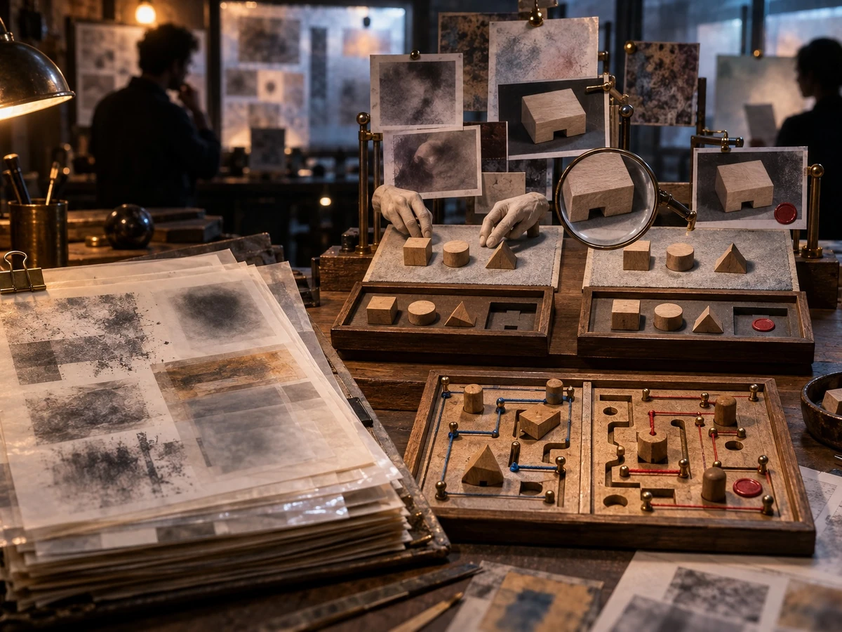 A tabletop demonstration board shows business task steps and physical objects under a magnifying glass.