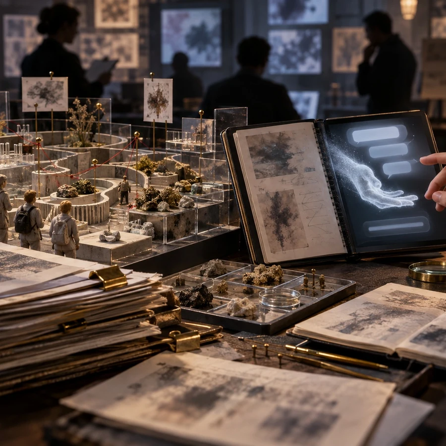A person reviews a tablet next to stacks of research papers and a miniature study scene.