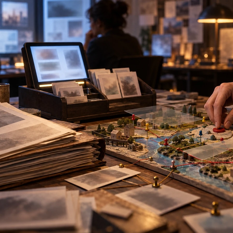 A storyteller adjusts a pinned scene on a tabletop map beside a tablet and printed story panels.