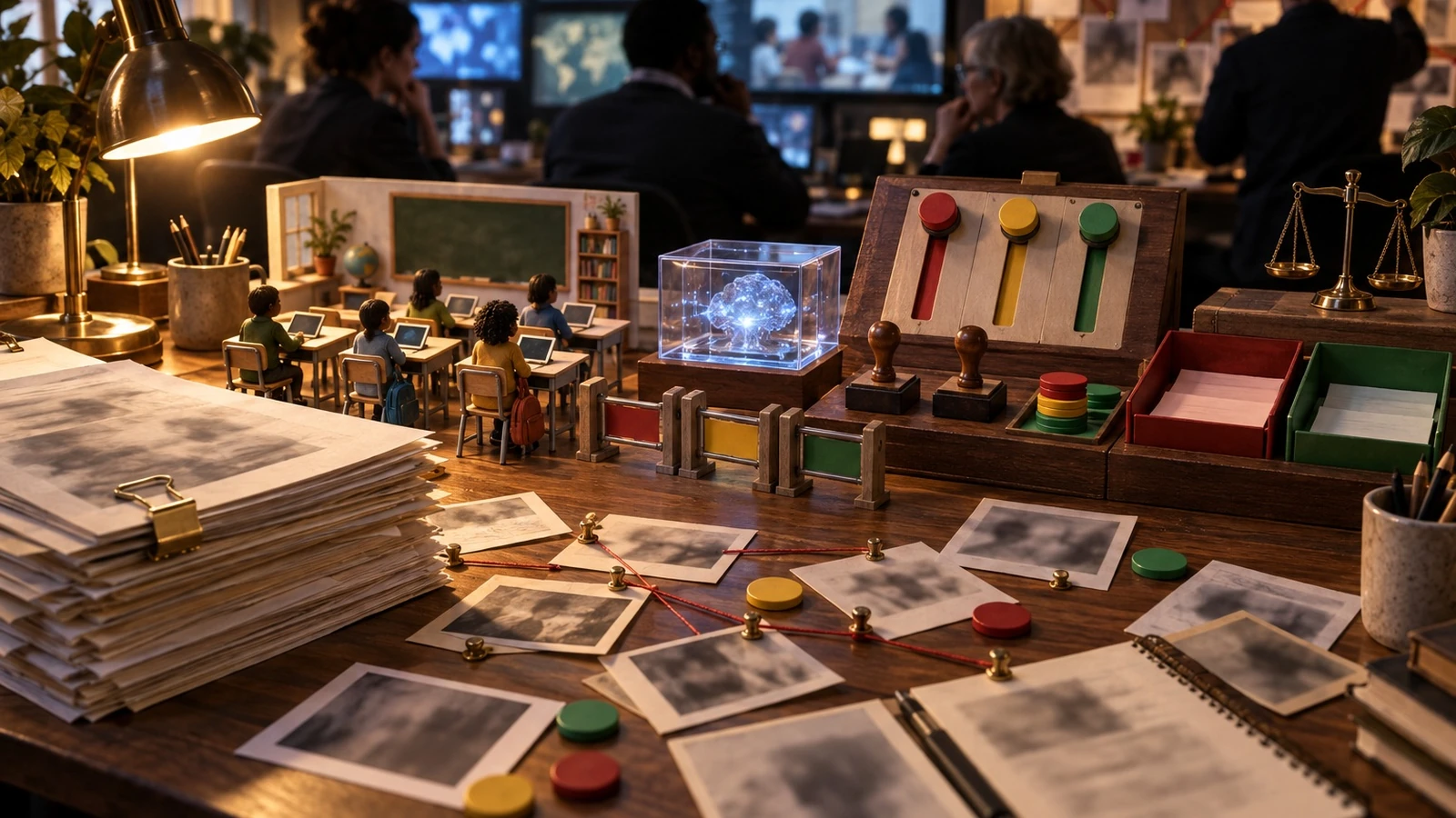 A miniature classroom scene sits beside checklists and colored controls on an educator worktable.