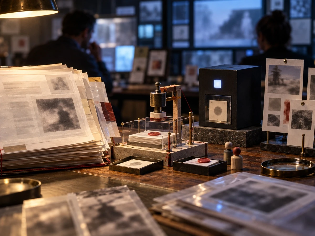 Stacks of review papers and an unlabeled device sit before people checking blurred screens.