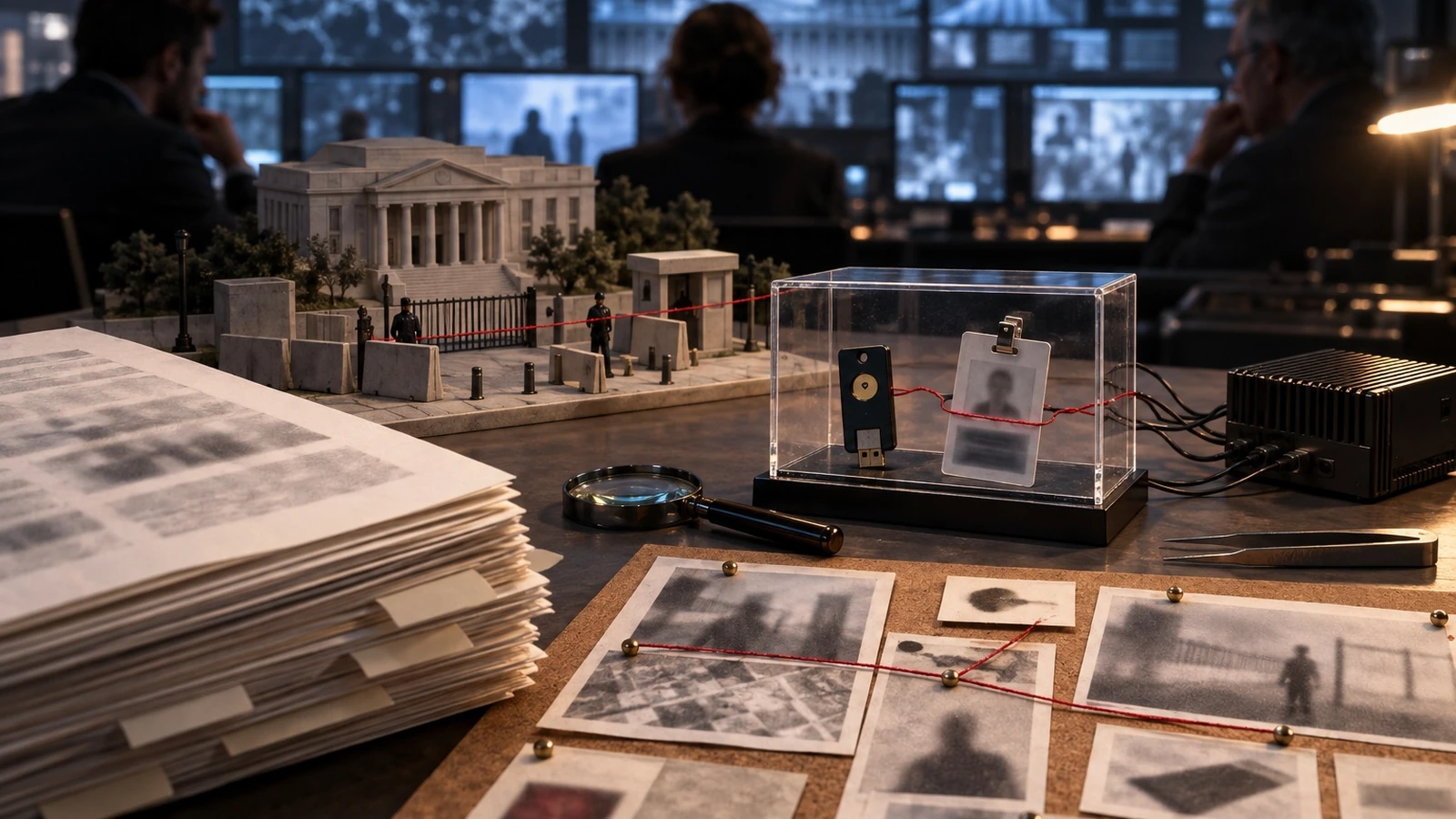 A model government building and access documents sit on a research desk before blurred operators.