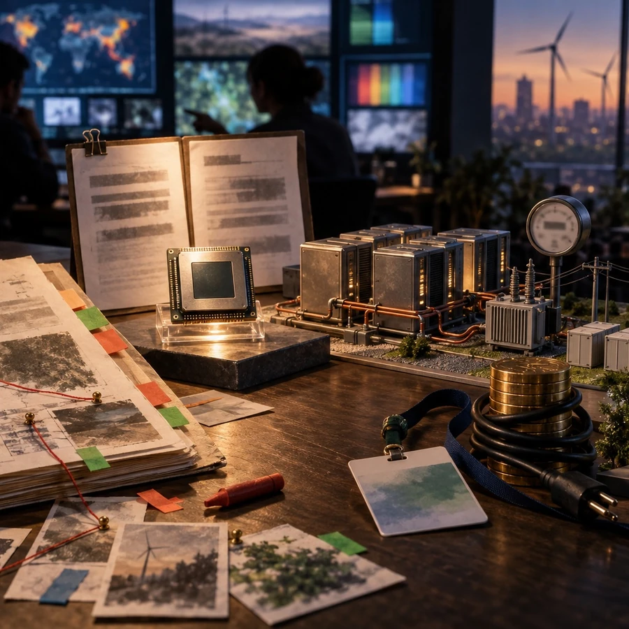 Miniature wind turbines and energy infrastructure sit beside research papers on a work desk.