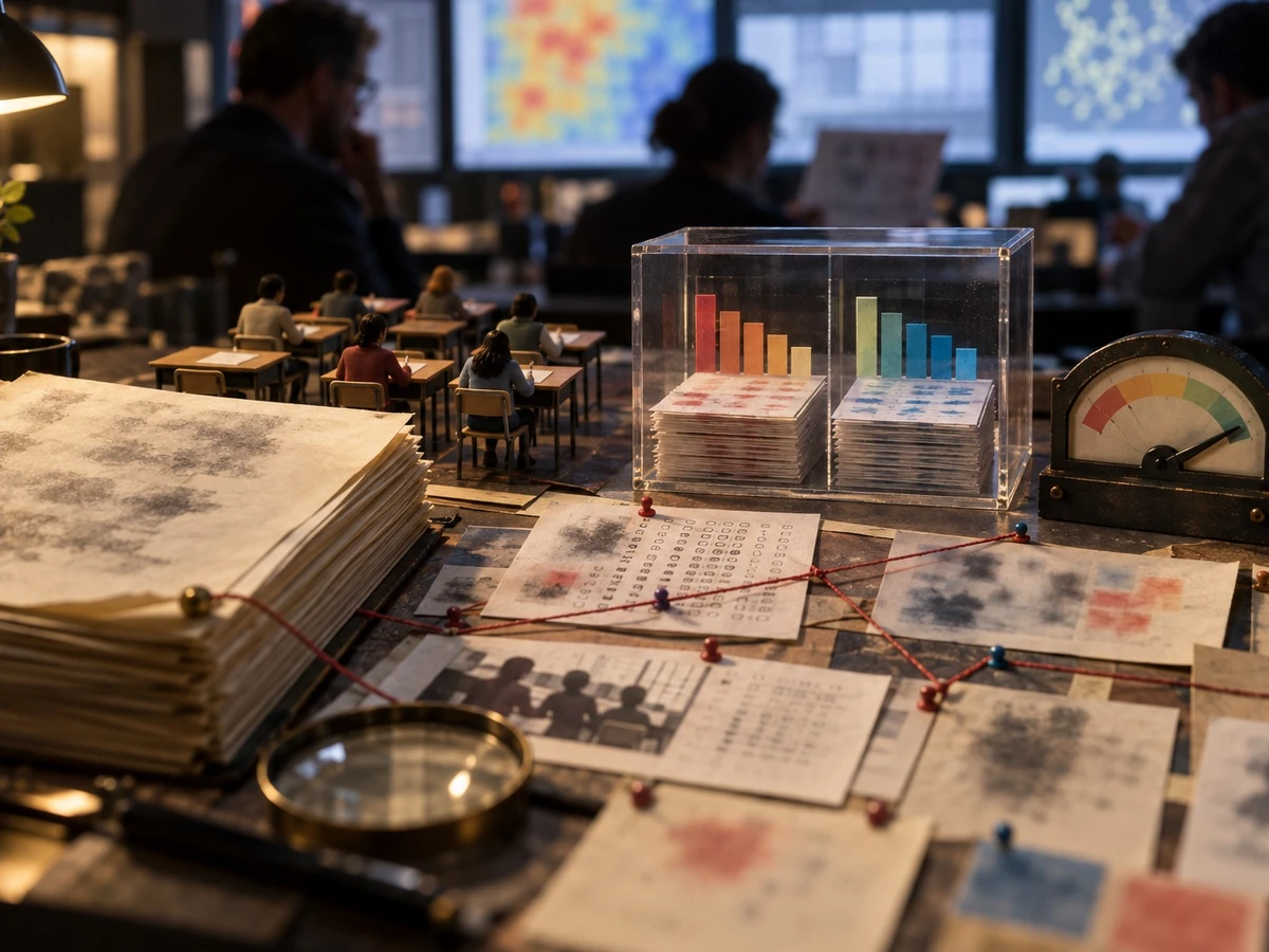A classroom diorama and stacks of student work sit beside an unlabeled model of question results.