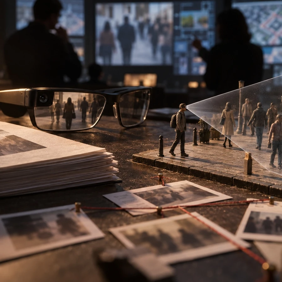 Smart glasses overlook a miniature street scene with bystanders walking nearby.