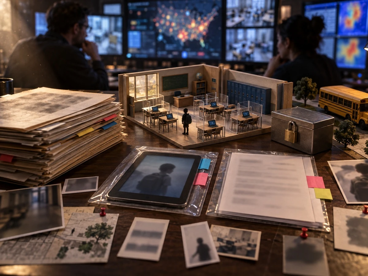 A school bus and miniature classroom sit among privacy documents as staff review blurred screens.