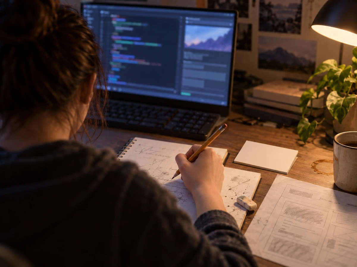 A college learner works on an unfinished programming sketch beside a blank hint card.