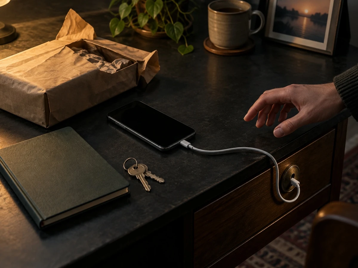A phone and shopping parcel sit beside a closed notebook, keys, and a loose connector cable.