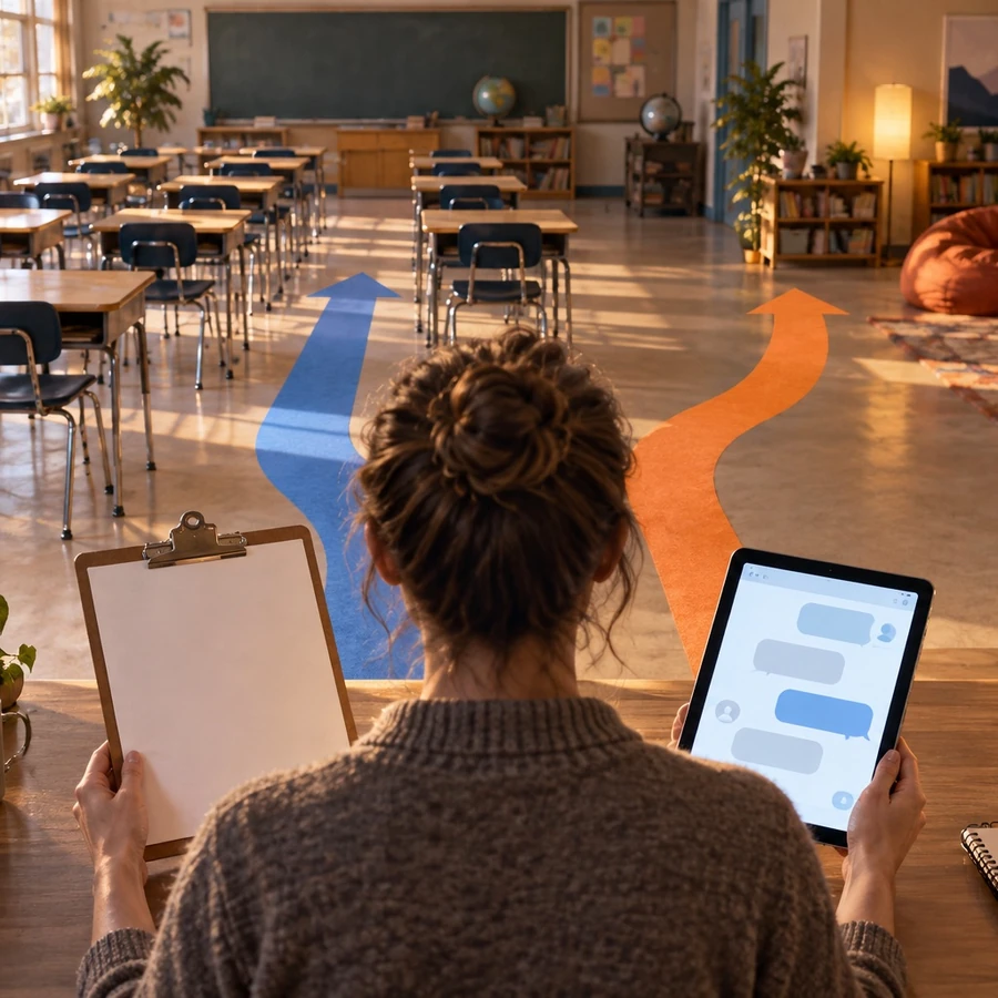 A teacher compares a blank lesson plan with text-free chat bubbles in an empty classroom.