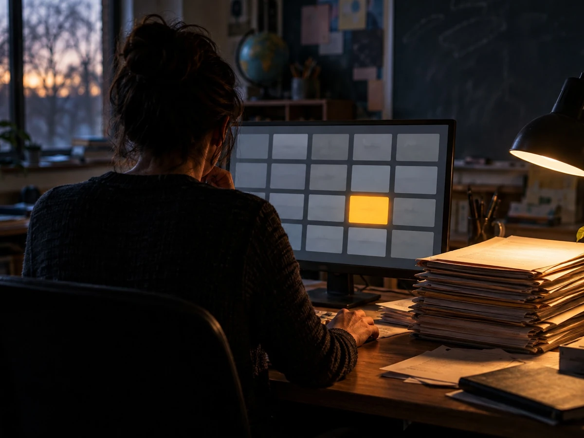 A teacher reviews one amber alert among muted tiles while blank folders remain on the desk.