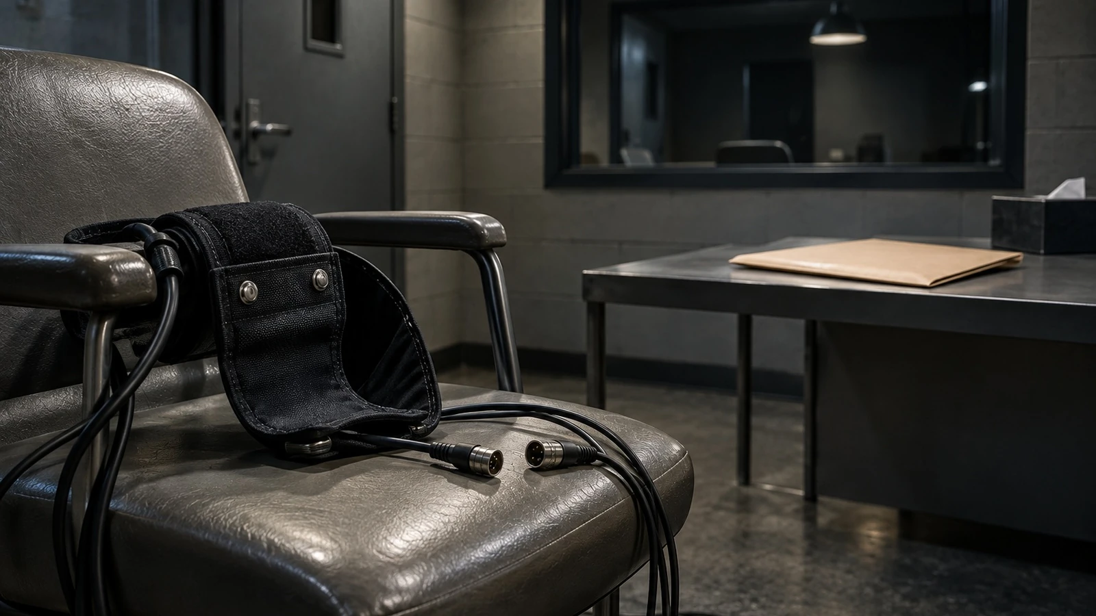 A disconnected sensor cuff rests on an empty interview chair beside a sealed folder.