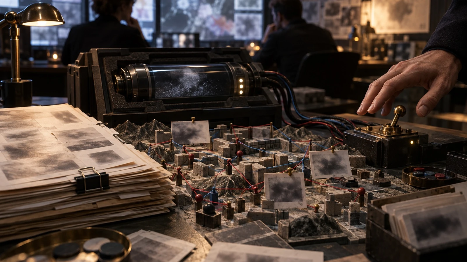 A hand rests on a brass control switch beside a miniature city of circuits and stacked plans.