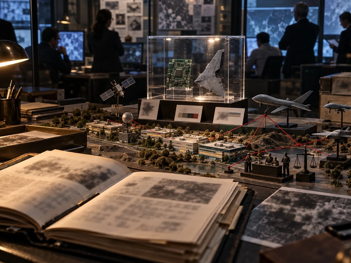 A miniature technology campus with aircraft, satellite, and a circuit display sits beside archival papers.
