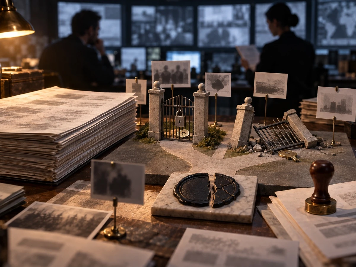 A miniature fenced gate and divided pathway sit among papers in a symbolic policy workspace.