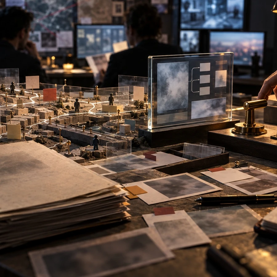 A person weighs a control switch beside a miniature project model and a stack of review notes.