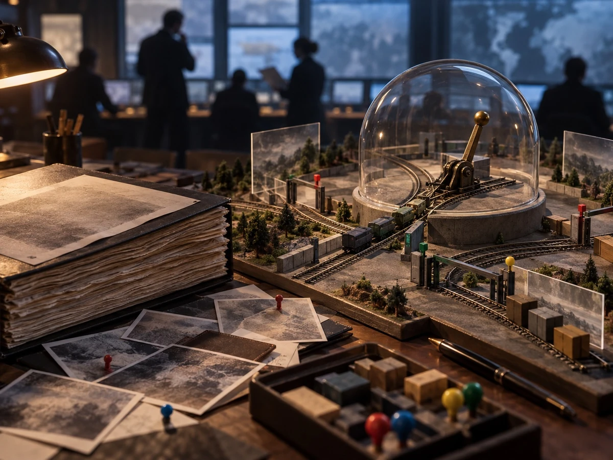 A brass control under glass overlooks several model paths across a miniature landscape.