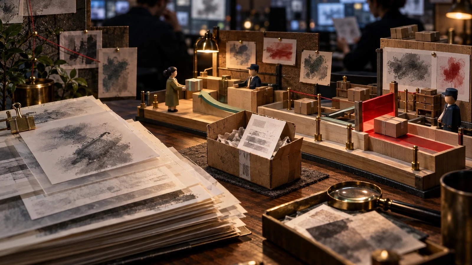 A miniature work table holds paper records and a series of small task stations while people watch blurred screens behind it.