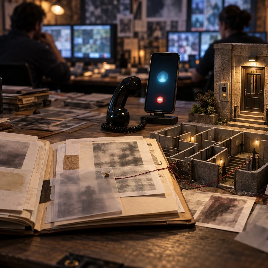 A phone sits in front of a miniature room and paper records, with people watching screens behind it.