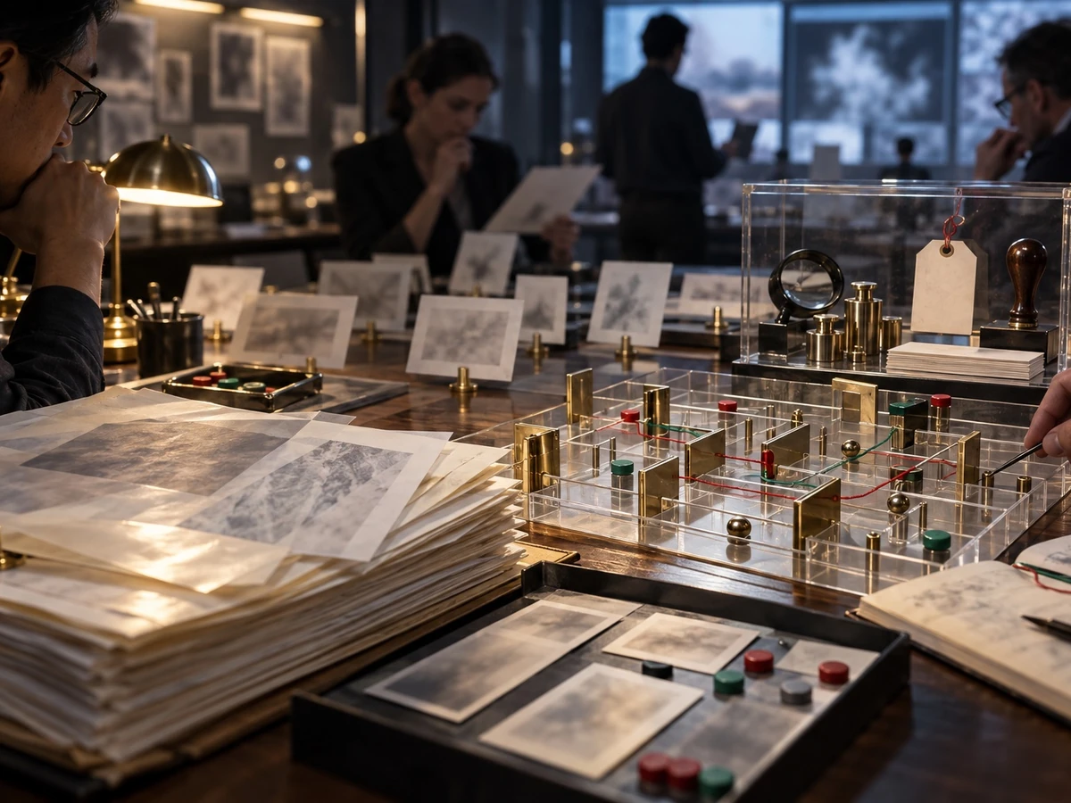 People examine a tabletop model and paper records under a lamp, suggesting a review of competing ideas.