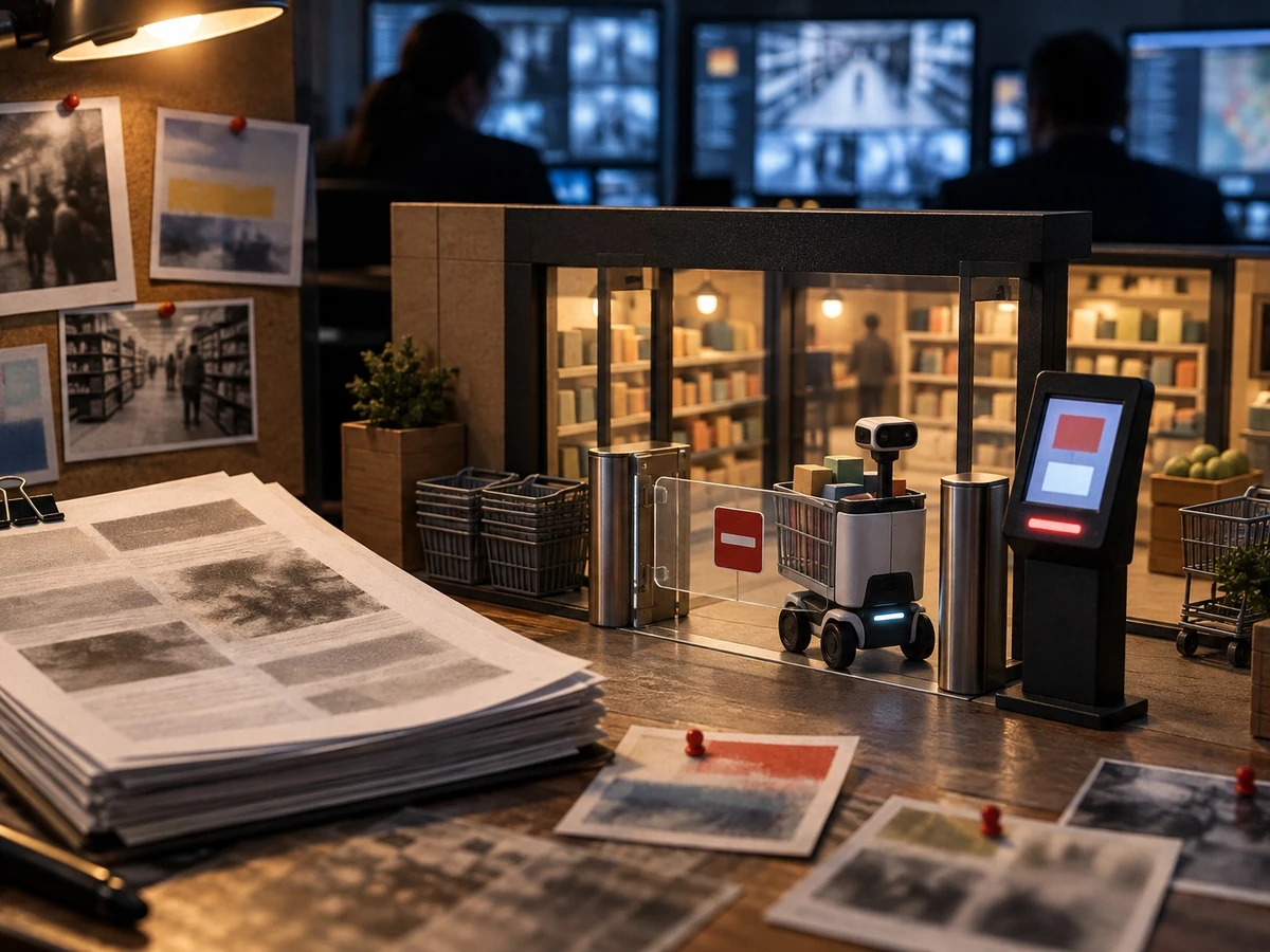A miniature store checkout and shelves stand on a table of papers as people watch screens in the background.