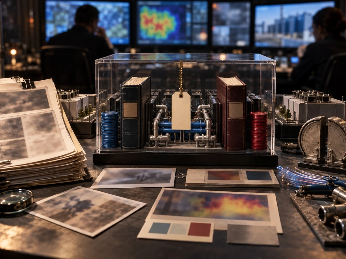 A tabletop model of a data center sits beside papers and color swatches, with people reviewing screens in the background.