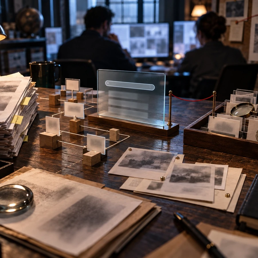 An editorial illustration of a search interface, document boxes, and paper records on a desk.
