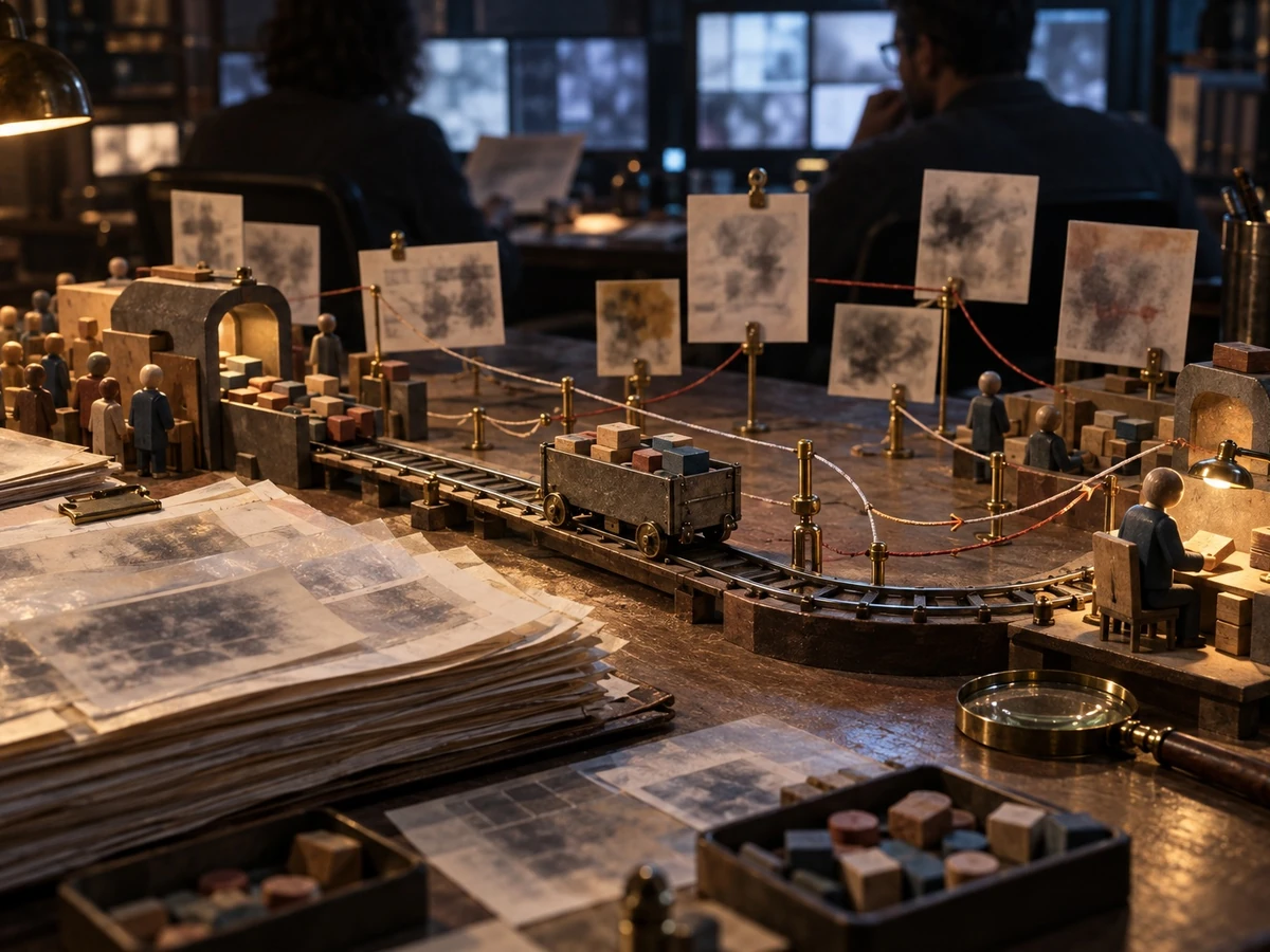 An editorial illustration of a work line with human figures, paper records, and review stations.