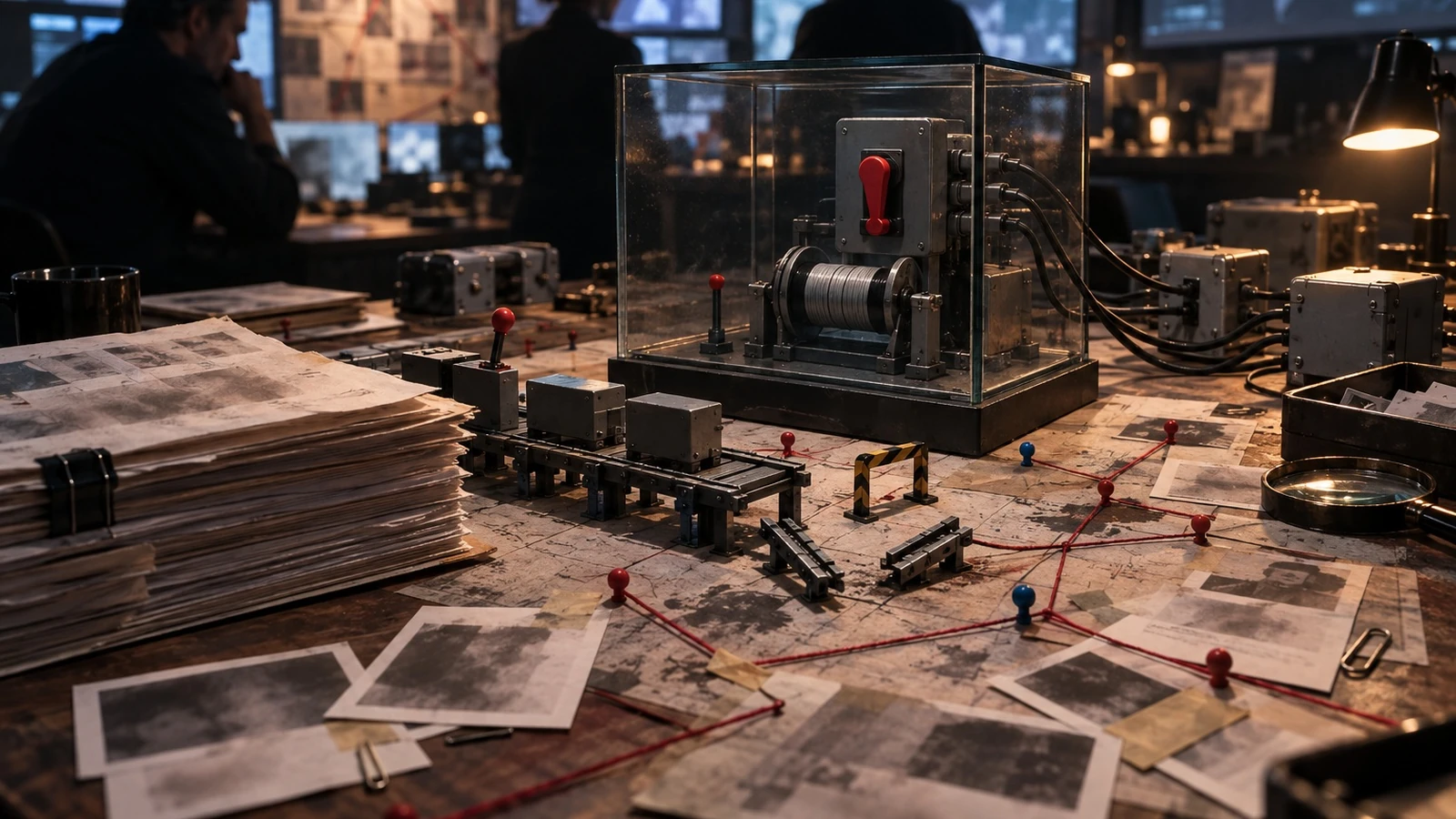 An editorial illustration of a wired machine and paper records spread across a monitoring desk.