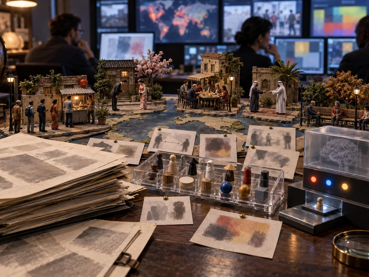 An editorial illustration of miniature communities beside maps and research notes.