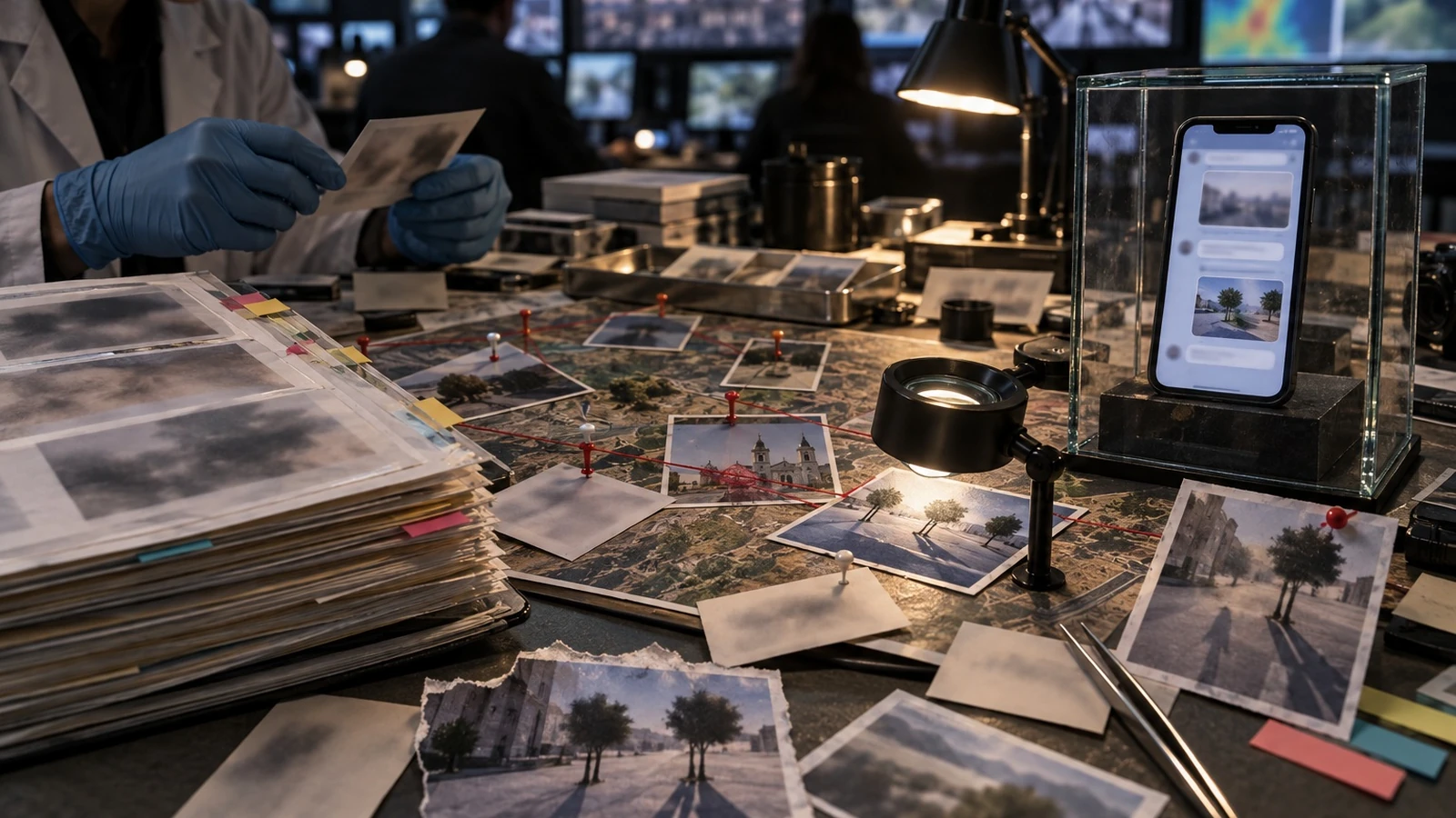 An editor compares printed photographs with images on a phone in a dim workroom.
