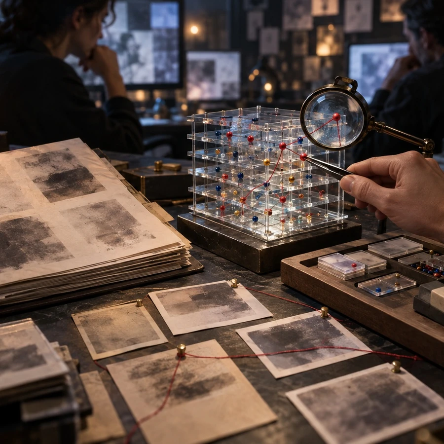 A hand examines a grid of stored image fragments through a magnifying glass beside an open album.
