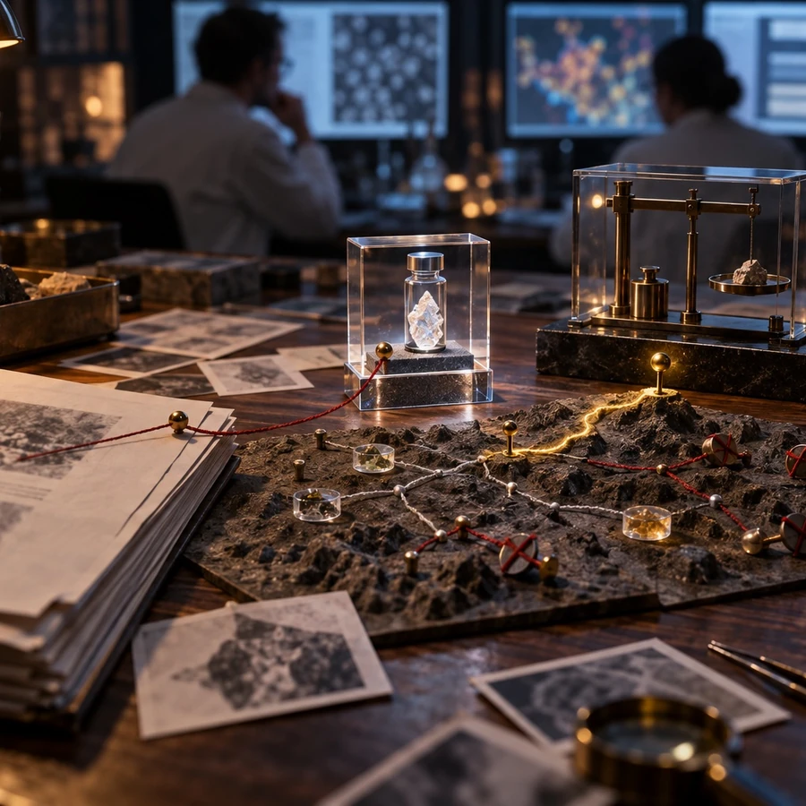 A small specimen sits in a clear case on a research table covered with notes and photographs.