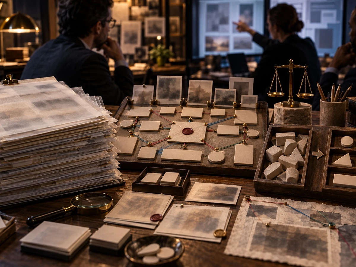 Researchers discuss different arrangements of cards and objects across a shared worktable.