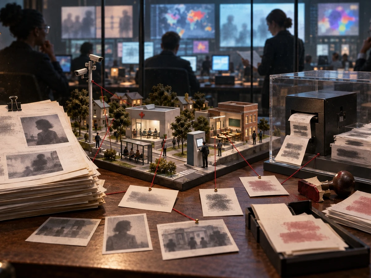 A tabletop model of people and institutions sits among documents in a busy research room.
