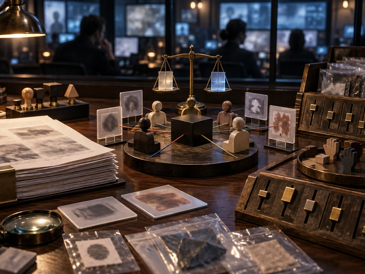 A balance scale and small figures stand beside stacks of review papers and image cards.