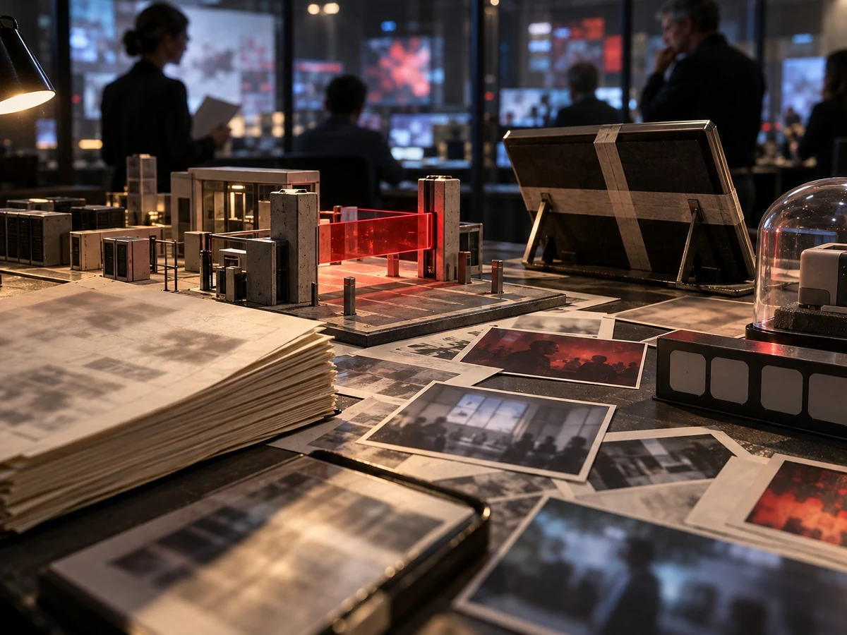 Editorial illustration of a red barrier in a miniature technology facility beside stacks of documents.