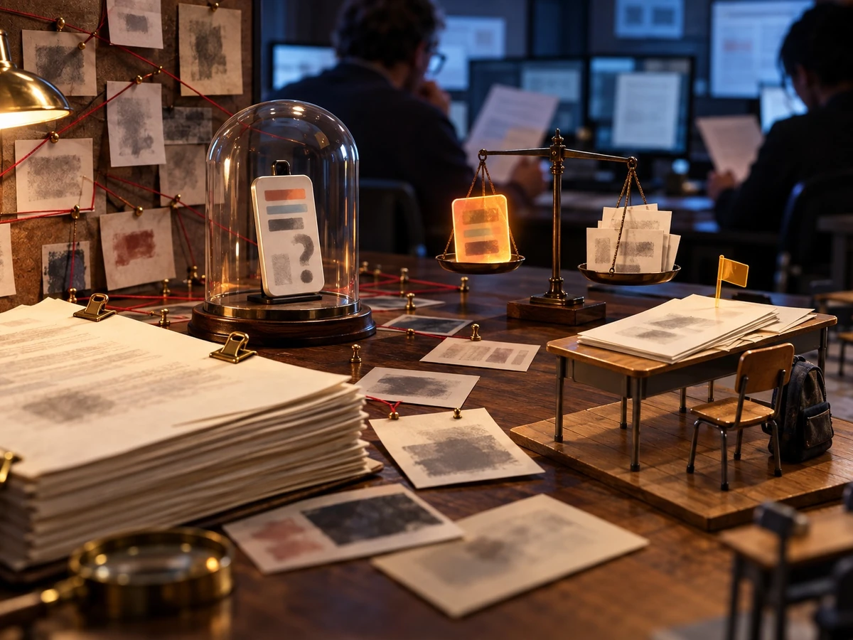 Editorial illustration of a classroom desk, paper assignments, and a question-mark card under glass.
